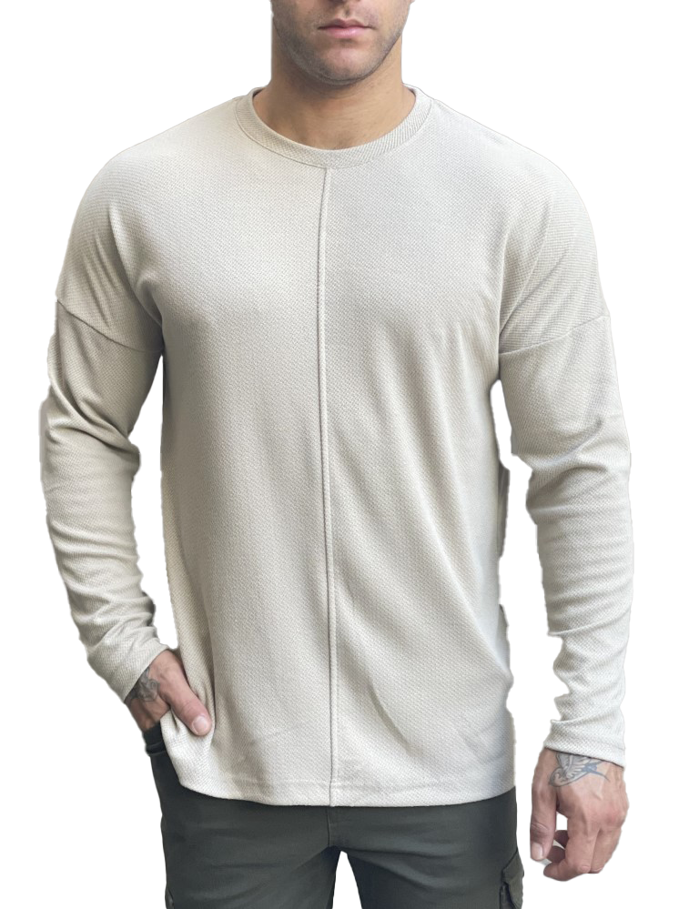 Ανδρική μπεζ μακρυμάνικη oversized μπλούζα με ανάγλυφο ύφασμα 1920B φωτογραφία